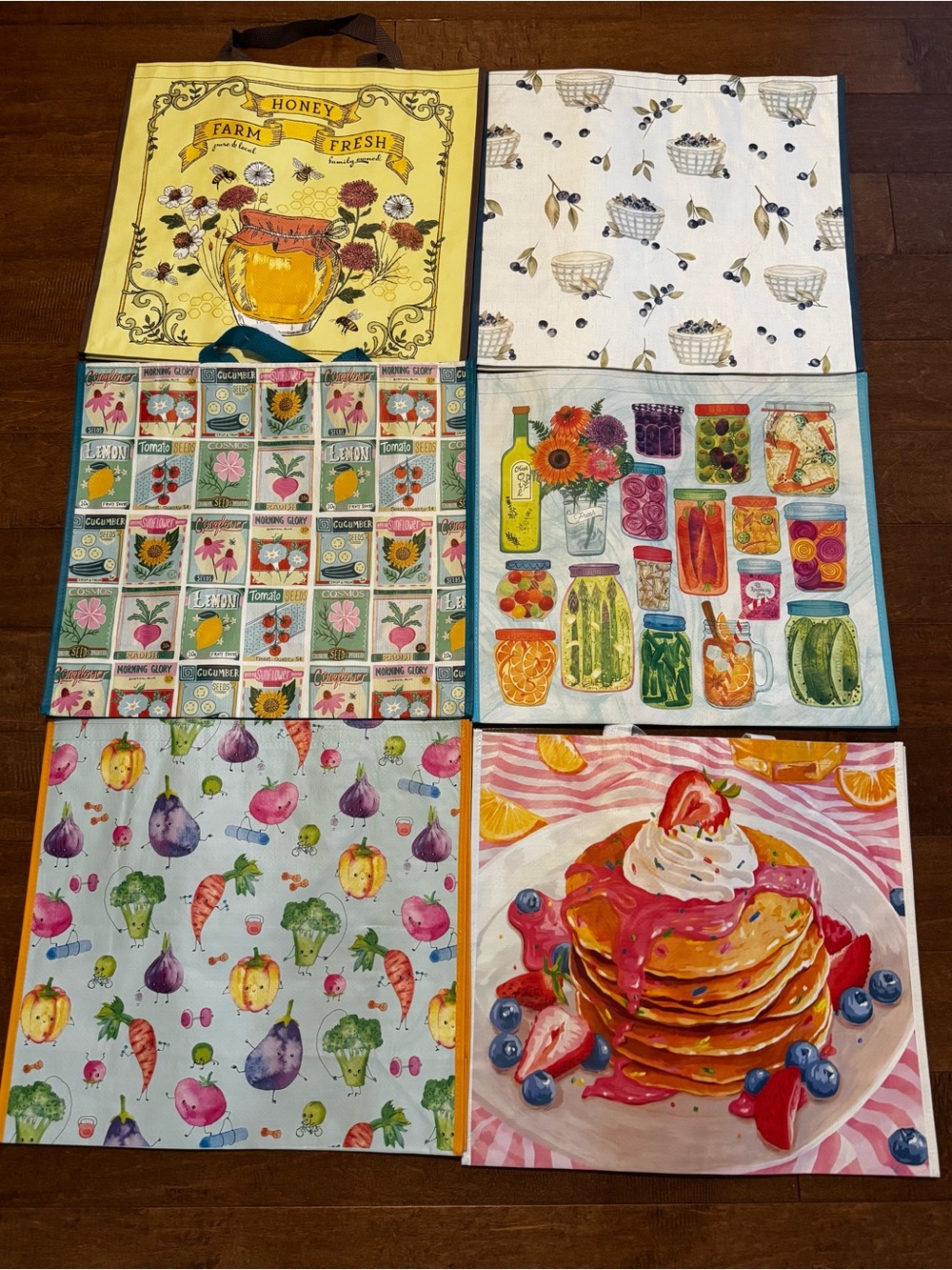 Reusable Shopping Totes Food Themed bundle of 6 NEW